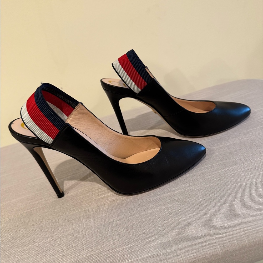 Elegant Black Stiletto Heels with Red and Blue Accents